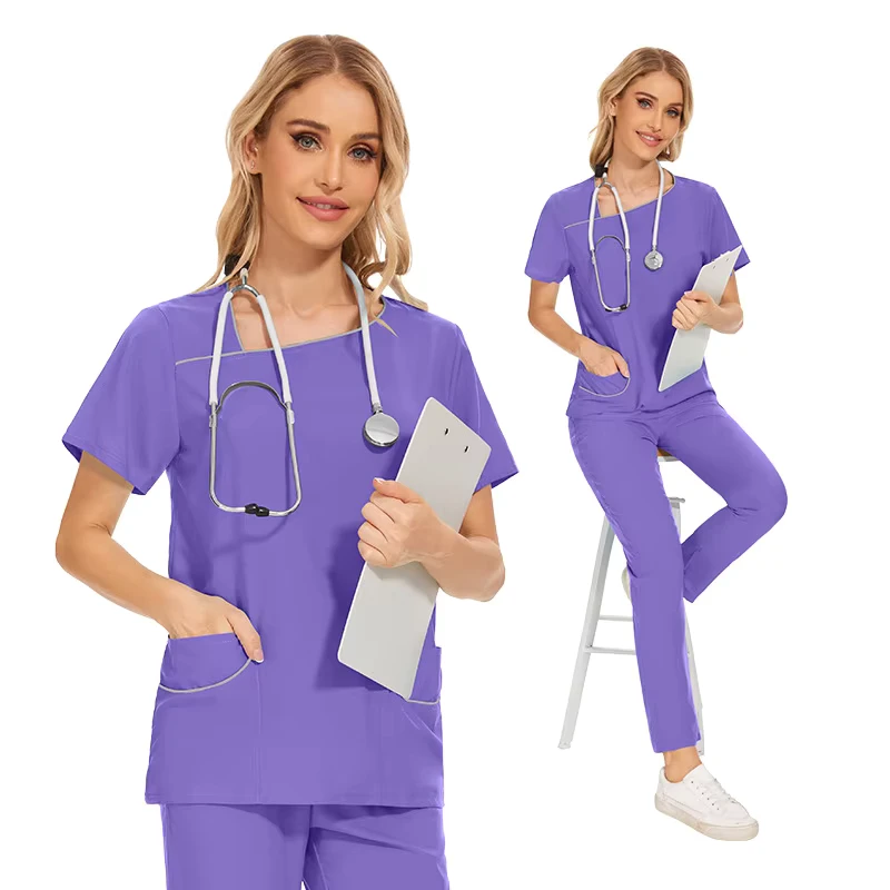 Women's Solid Color Clinic Nurse Scrub Set Shirt and Pants