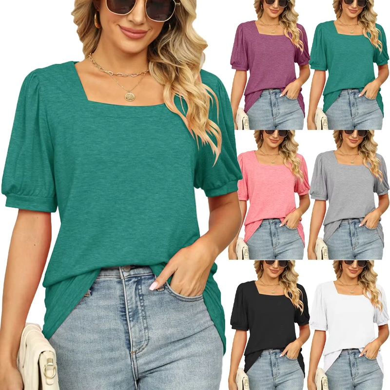 Women's Solid Color Square Collar Pleated Short Sleeve Puff Sleeve T-Shirt