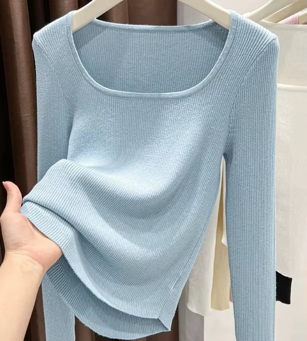 Women's Square Neck Knitted Sweater Long Sleeve Ribbed Top