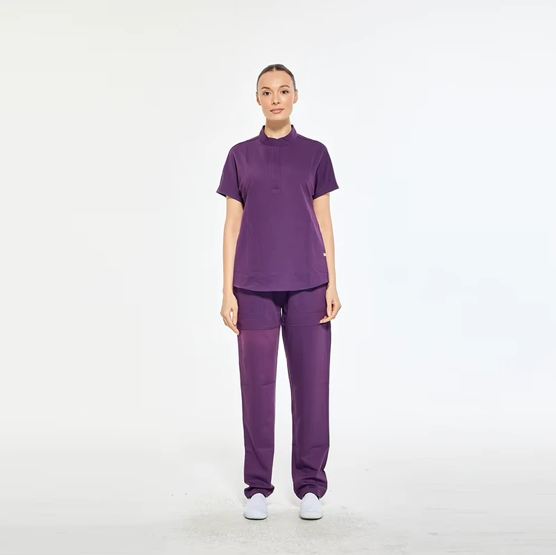Women's Stretch Quick-Dry Mandarin-Collar Multi-Pocket Scrub Set