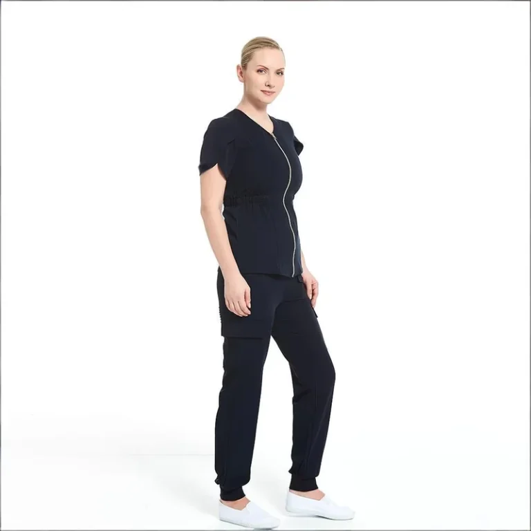 Womens-Stretch-Quick-Dry-V-Neck-Medical-Scrub-Set-with-Gold-Zipper-and-Multi-Pockets