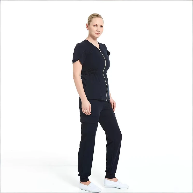 Women's Stretch Quick-Dry V-Neck Medical Scrub Set with Gold Zipper and Multi-Pockets