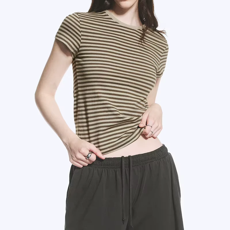 Women's T shirt Loose Tops Stretch Slim Cropped Casual Modal Cotton Tee Vintage Striped Crew Neck Short Sleeve T Shirt