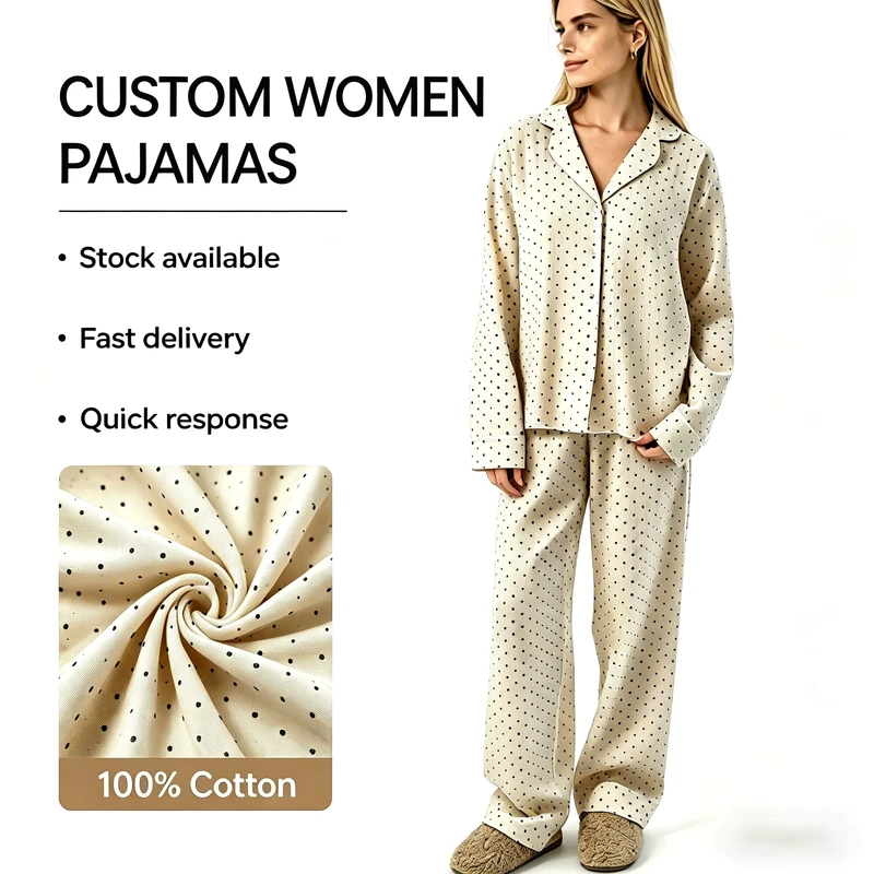 Women's V-Neck Cotton Pajama Set Button-Front Top and Pants for Spring and Summer