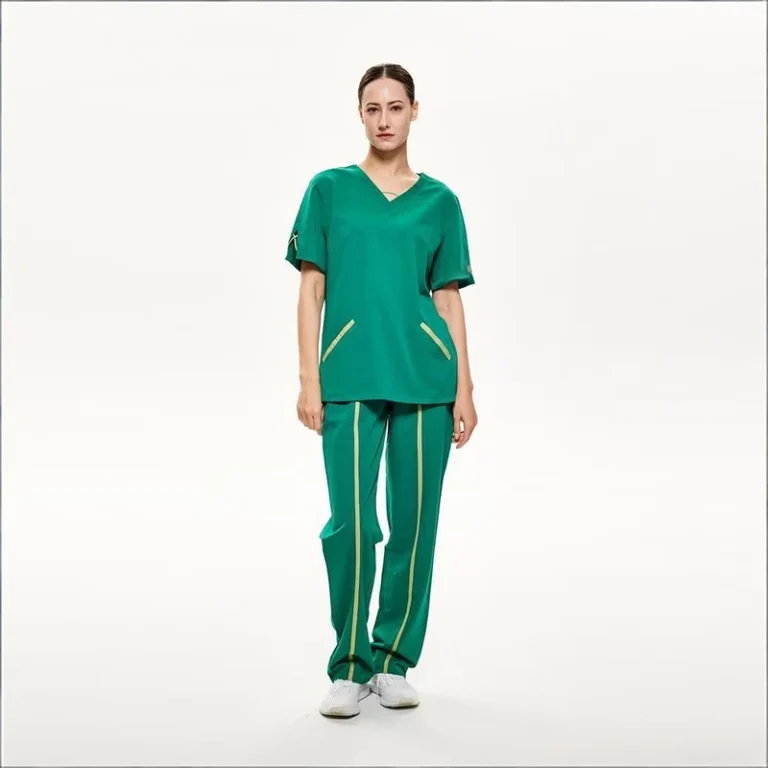 Womens-V-Neck-Cutout-Color-Block-Medical-Scrub-Set-with-Strip-Pants