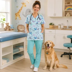 Womens V Neck Medical Scrub Top Printed Cartoon Nursing Uniform Polyester Breathable Workwear with Pockets OEM