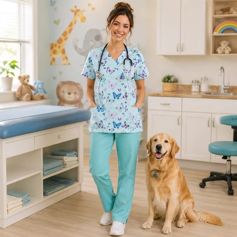 Womens V Neck Medical Scrub Top Printed Cartoon Nursing Uniform Polyester Breathable Workwear with Pockets OEM