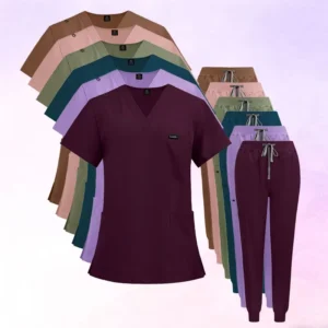 Women’s V-Neck Nursing Scrub Set with Jogger Pants, Washable and Breathable