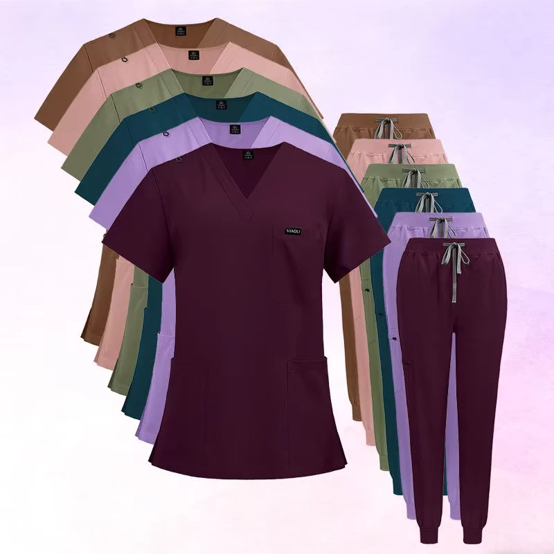 Women's V-Neck Nursing Scrub Set with Jogger Pants, Washable and Breathable