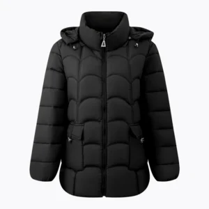 Women’s Vintage Mid-Length Woven Wool-Lined Windbreaker Winter Jacket Polyester Insulated Hooded Zipper Outerwear