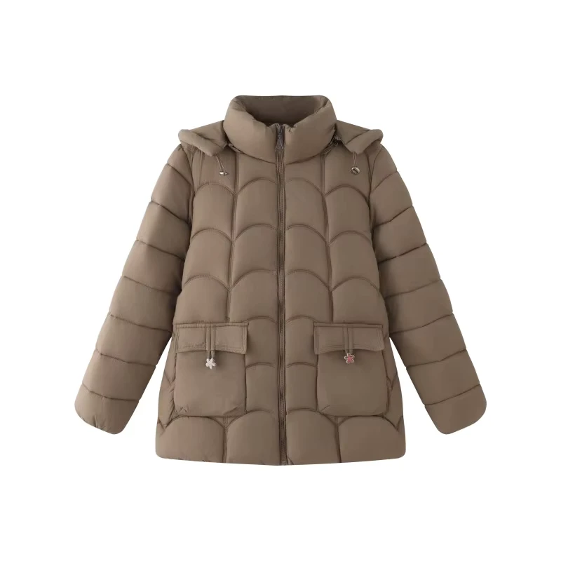 Women's Vintage Mid Long Padded Winter Windbreaker Jacket Polyester Insulated Hooded Outerwear Stand Collar Zipper for Daily