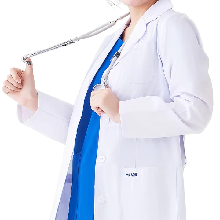 Women's White Cotton-Polyester Woven Long-Sleeve Lab Coat Doctor Hospital Uniform