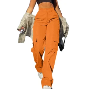 Women’s Winter Anti-Wrinkle Casual Elastic-Waist High-Waist Loose-Fit Cargo Pants with Side Pockets