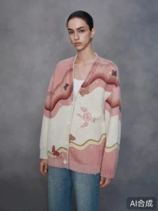 Women’s Wool Cotton V-Neck Regular-Length Knit Sweater with Front Print