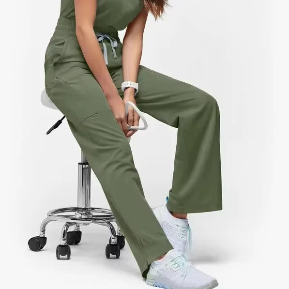 Women's Woven Wide-Leg Multi-Pocket Nurse Scrub Pants