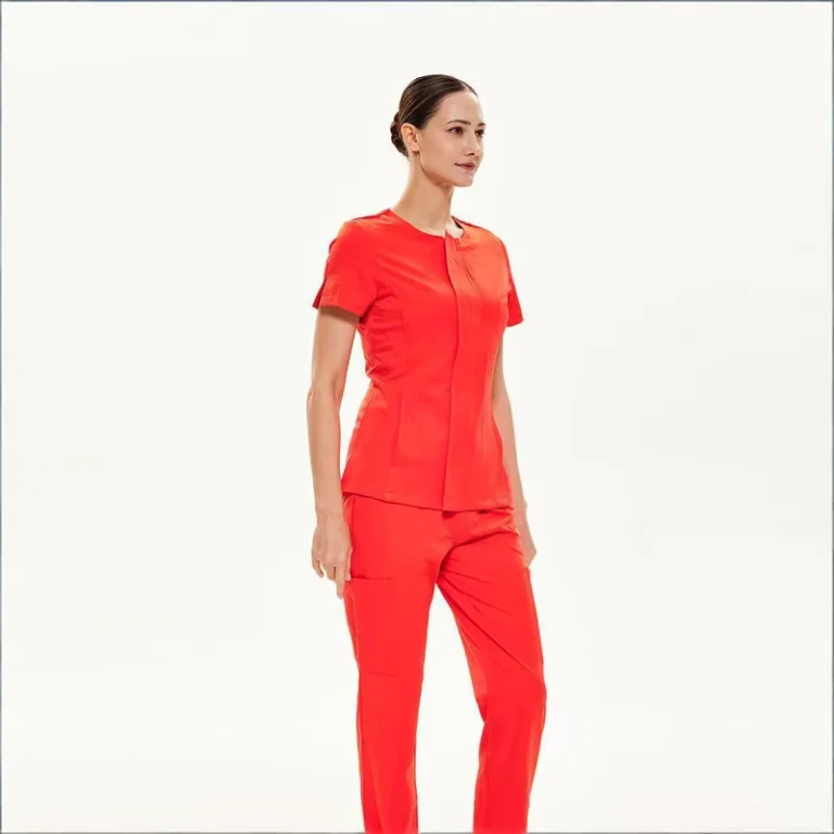 Womens-Zip-Front-Medical-Scrubs-Set-Red-Slim-Fit-Hospital-Uniforms-With-Ankle-Zippers