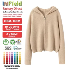Womens Zip Up Cashmere Hoodie Manufacturer OEM Solid Thick Ribbed Knitted Wool Cardigan Sweater For Autumn Winter Custom Logo