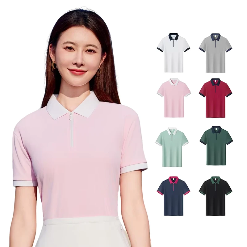 Women's Zipper Color-Blocked Short-Sleeve Polo Shirt for Office