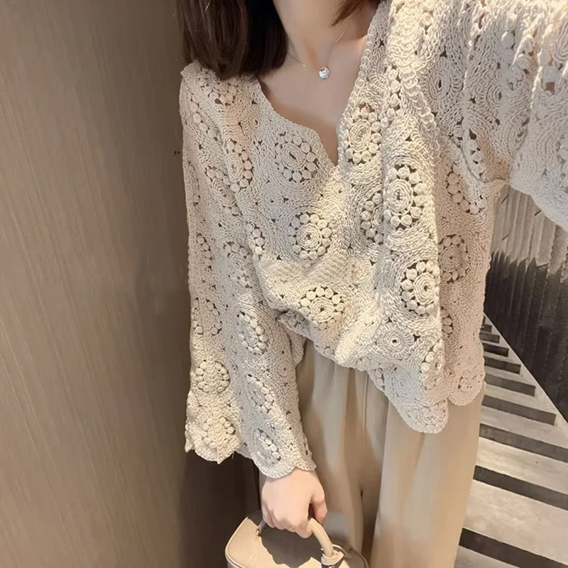 Women's loose water soluble flower casual specialty knitted sweater top Garment