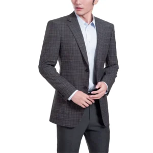 Wool/Silk Men’s Plus Size Grey Plaid Business Suit Two-Piece Set Slim Fit Single Breasted Formal Blazer & Trousers Office Wear