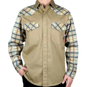 Workwear Fire Proof Two Tone Printed Pearl Snaps Closure FRC Shirt 6.5OZ CAT2 Fire Retardant Arc Flash Safety NFPA 2112 EN ISO