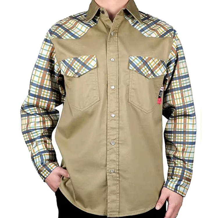 Workwear Fire Proof Two Tone Printed Pearl Snaps Closure FRC Shirt 6.5OZ CAT2 Fire Retardant Arc Flash Safety NFPA 2112 EN ISO