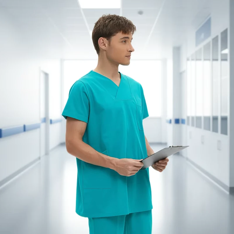 Woven V-Neck Short Sleeve Needle-Detection Medical Scrub Sets for Unisex Hospital Staff