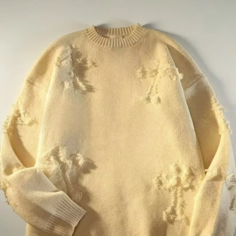 Y2k Streetwear Sweater Men Retro Hole Fringed Sweater Loose Versatile Knitwear Pullovers Long Sleeve Jumpers Clothing