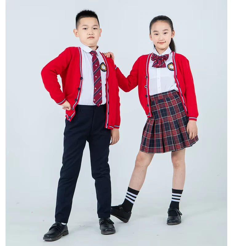 YIAO OEM Custom Primary Boys and Girls Kindergarten High School Uniforms Plaid Skirt and Shirt Sweater