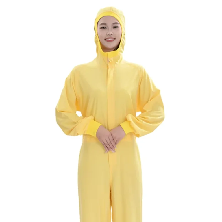Yellow-4-Way-Stretch-Polyester-Protective-Coverall-120gsm-One-Piece-Workwear-Suit-OEM-Cleanroom-Uniform