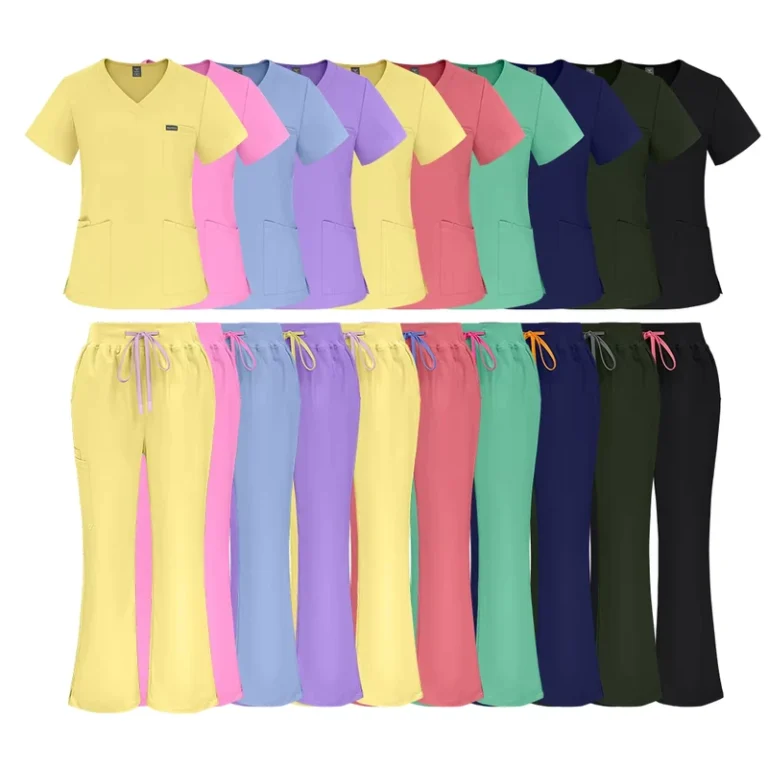 Yellow-Butter-Bright-Color-Medical-Scrub-Suit-for-Women-Soft-Stretch-Fabric-Wrinkle-Resistant-Hospital-Workwear-Flare-Pants