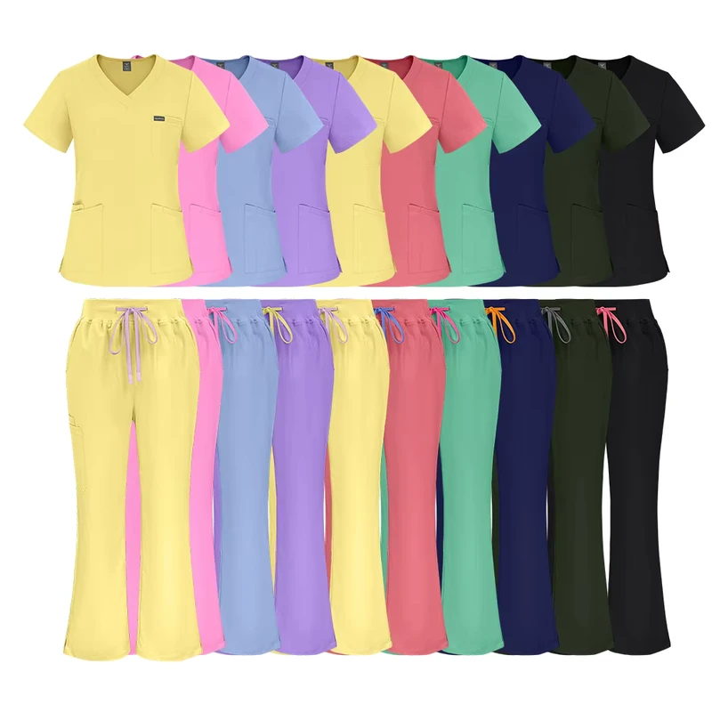 Yellow Butter Bright Color Medical Scrub Suit for Women Soft Stretch Fabric Wrinkle Resistant Hospital Workwear Flare Pants