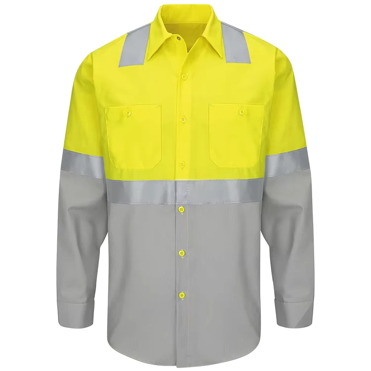 Yellow Construction Safety Shirts Hi Vis Anti static Cotton Breathable Unisex Reflective Long Sleeve Work Shirts