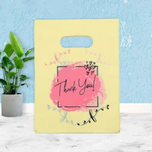 Yellow Plastic Thank You Bags, Pink Brush Stroke and Floral Script Print, Handles
