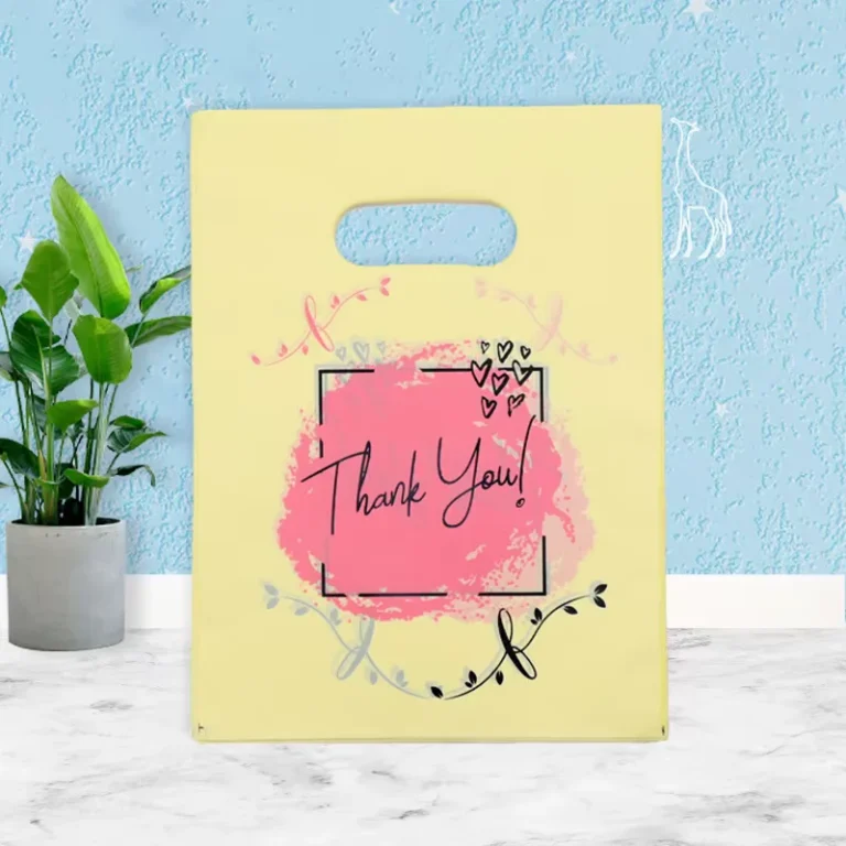 Yellow-Plastic-Thank-You-Bags-Pink-Brush-Stroke-and-Floral-Script-Print-Handles