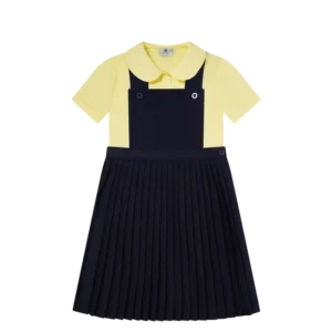 Yellow Short Sleeve Shirt and Navy Pinafore School Uniform Set for Girls
