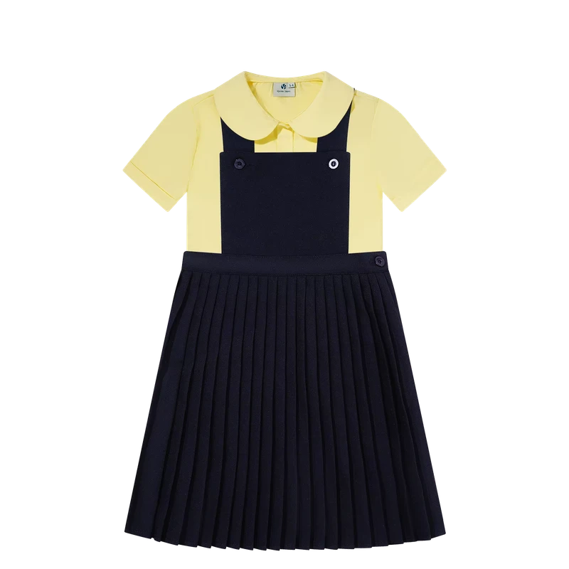 Yellow Short Sleeve Shirt and Navy Pinafore School Uniform Set for Girls