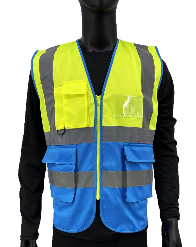 Yellow-Two-Color-Polyester-Reflective-Safety-Vest-with-Multiple-Pockets-and-Zipper