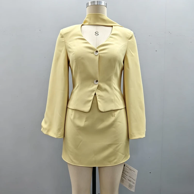 Yellow Two Piece Suit Set Blazer and Mini Skirt Tailored Suit Office and Event Wear