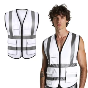 Yolite Supply White Customized High Visibility Running Reflective Work Construction Vest With Safety Tape Pockets Hi Vis Jacket