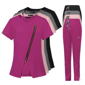 Zipper Design Anti-Wrinkle Washable Soft Fabric Women’s Nurse Scrub Set