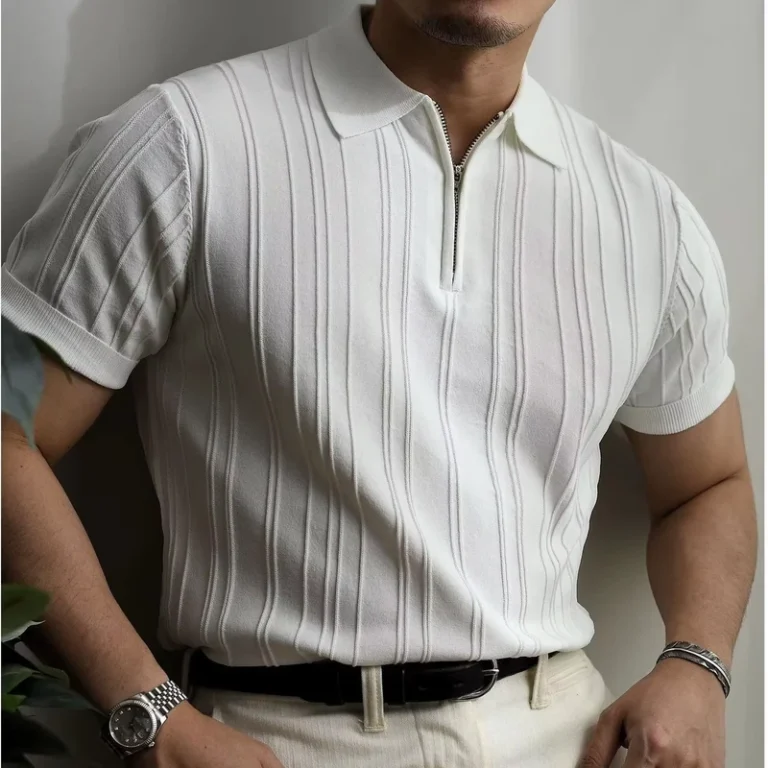 Zipper-Knitted-Short-Sleeve-Polo-Shirt-Mens-Summer-American-Loose-Vertical-Stripe-Pit-Collar-T-shirt-Mens