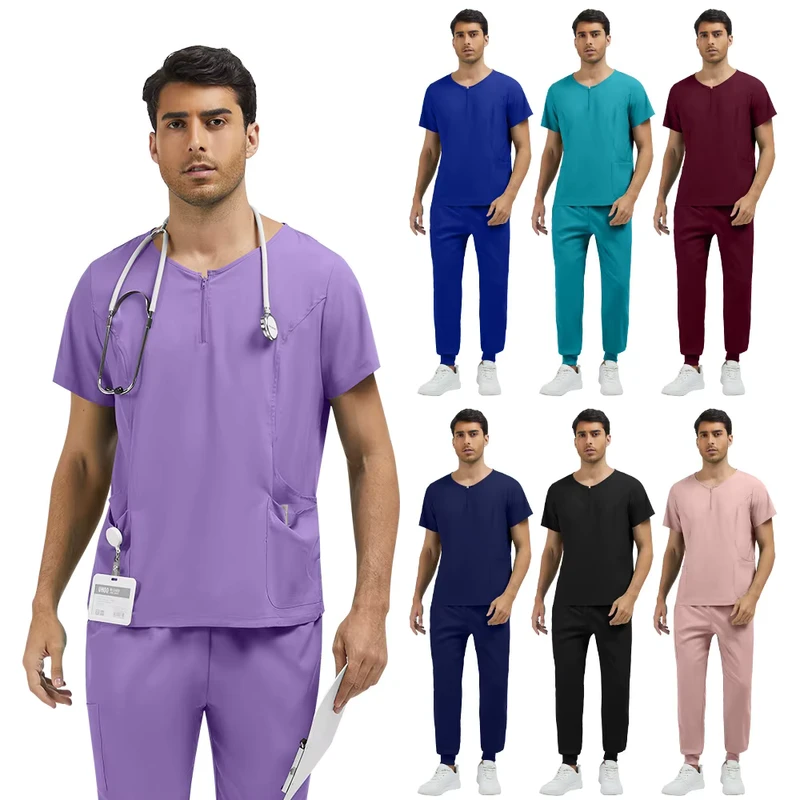 Zippered Half Collar Unisex Plus Size Scrub Suit Set Casual Comfortable Breathable Dobby Fabric Polyester Multi Color Uniform