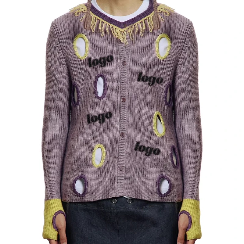 to Custom OEM ODM Jacquard Cotton Single Breasted Distressed Knitwear Large Hole Custom Cardigan Sweater for Men